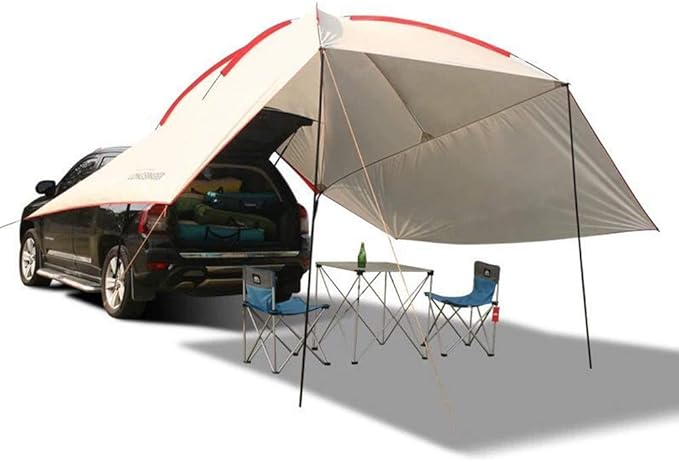 Waterproof Car Awning Sun Shelter, SUV Tailgate Shade Awning Tent with Both Sides,Portable Auto Canopy Camper Trailer Sun Shade for Camping, Outdoor (Beige)