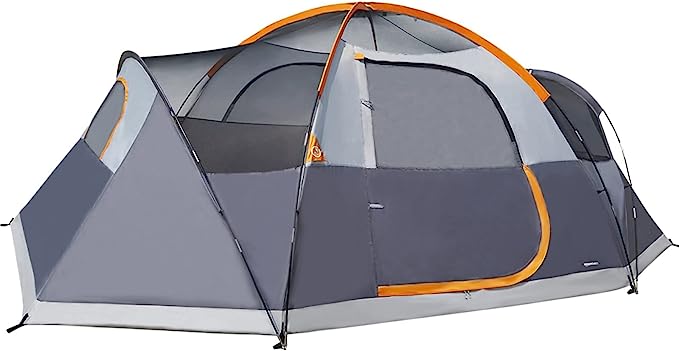 8 Person Dome Camping Tent With Rainfly - 15 x 9 x 6 Feet, Orange And Grey