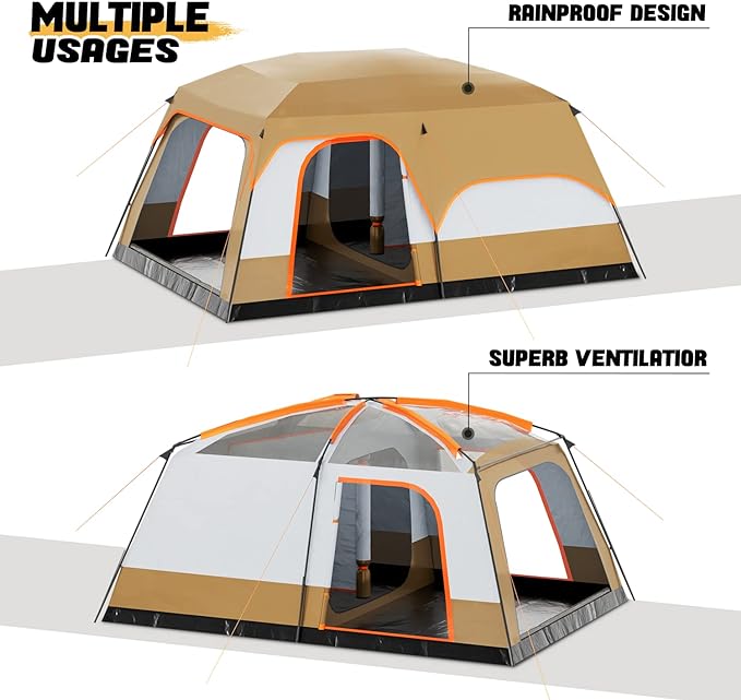 5-8 Person Tent for Camping Extra Large Portable Cabin Huge Tent, Waterproof Windproof 1 Living Room and 2 Bedroom 181''Length Tent with Carry Bag for Outdoor Picnic Family Gathering, Coffee