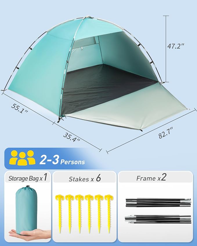 Beach Tent for 2-4 Persons, Beach Tent Sun Shelter UPF50+ UV Protection, Sun Shade Witch Huge Breathable Mesh Window, Easy Set up, for Beach, Camping, Fishing