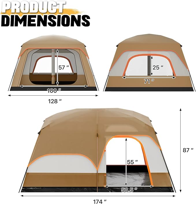 5-8 Person Tent for Camping Extra Large Portable Cabin Huge Tent, Waterproof Windproof 1 Living Room and 2 Bedroom 181''Length Tent with Carry Bag for Outdoor Picnic Family Gathering, Coffee