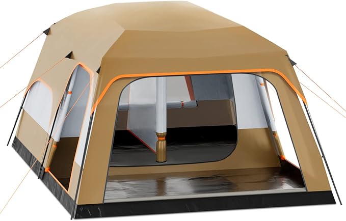 5-8 Person Tent for Camping Extra Large Portable Cabin Huge Tent, Waterproof Windproof 1 Living Room and 2 Bedroom 181''Length Tent with Carry Bag for Outdoor Picnic Family Gathering, Coffee