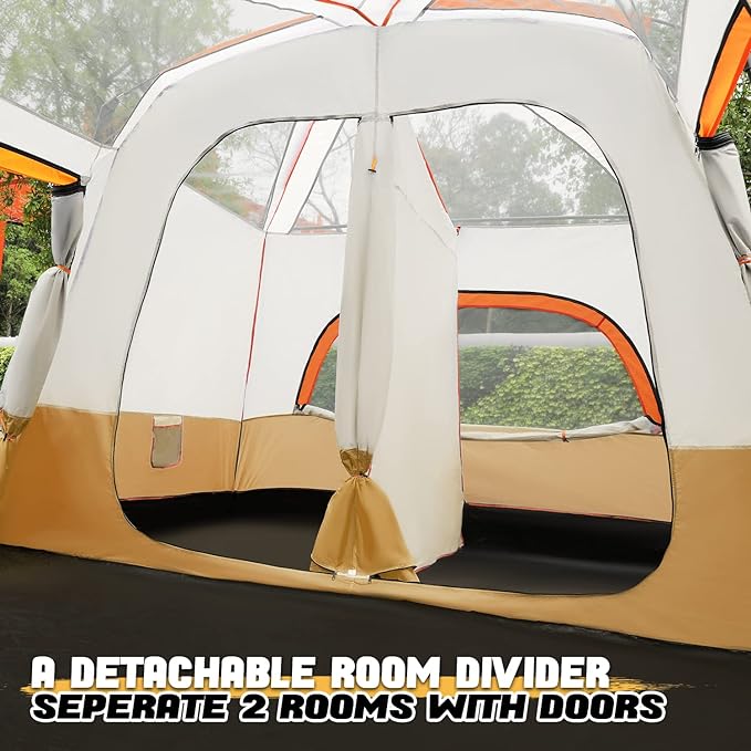 5-8 Person Tent for Camping Extra Large Portable Cabin Huge Tent, Waterproof Windproof 1 Living Room and 2 Bedroom 181''Length Tent with Carry Bag for Outdoor Picnic Family Gathering, Coffee