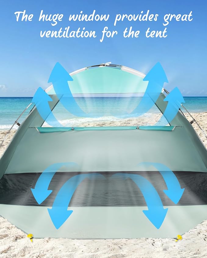 Beach Tent for 2-4 Persons, Beach Tent Sun Shelter UPF50+ UV Protection, Sun Shade Witch Huge Breathable Mesh Window, Easy Set up, for Beach, Camping, Fishing