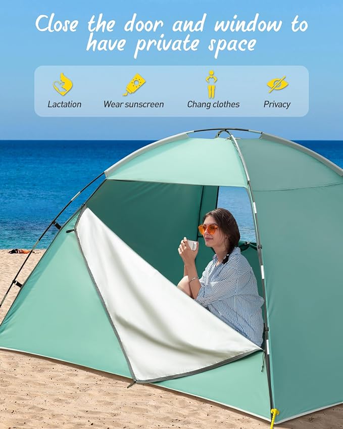 Beach Tent for 2-4 Persons, Beach Tent Sun Shelter UPF50+ UV Protection, Sun Shade Witch Huge Breathable Mesh Window, Easy Set up, for Beach, Camping, Fishing