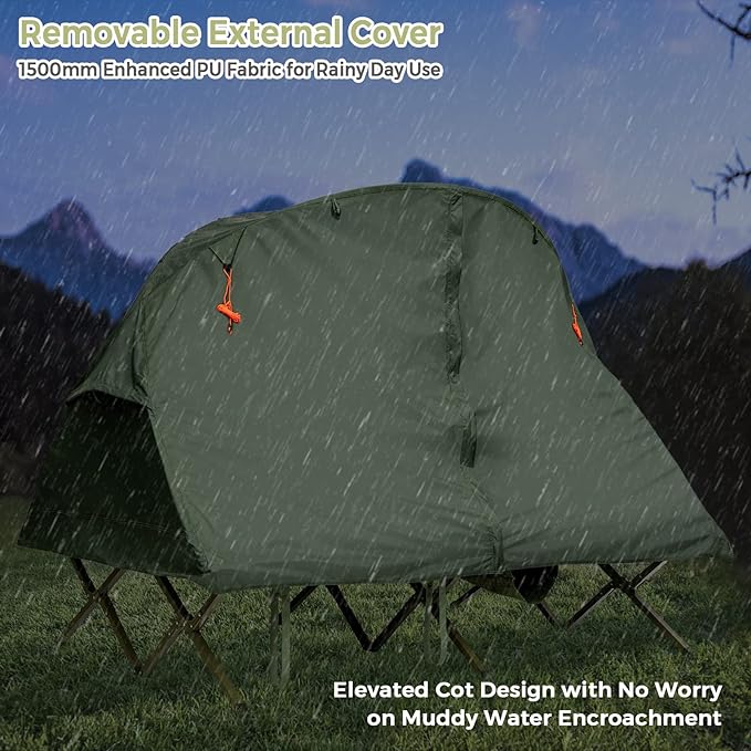 2-Person Tent Cot, 4-in-1 Folding Tent with Waterproof Rainfly, Self-Inflating Mattress & Roller Carrying Bag, Portable Off Ground Elevated Tent with Shoe Storage Pocket & Lamp Hook