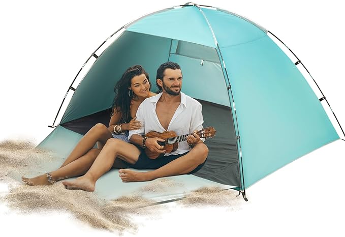 Beach Tent for 2-4 Persons, Beach Tent Sun Shelter UPF50+ UV Protection, Sun Shade Witch Huge Breathable Mesh Window, Easy Set up, for Beach, Camping, Fishing