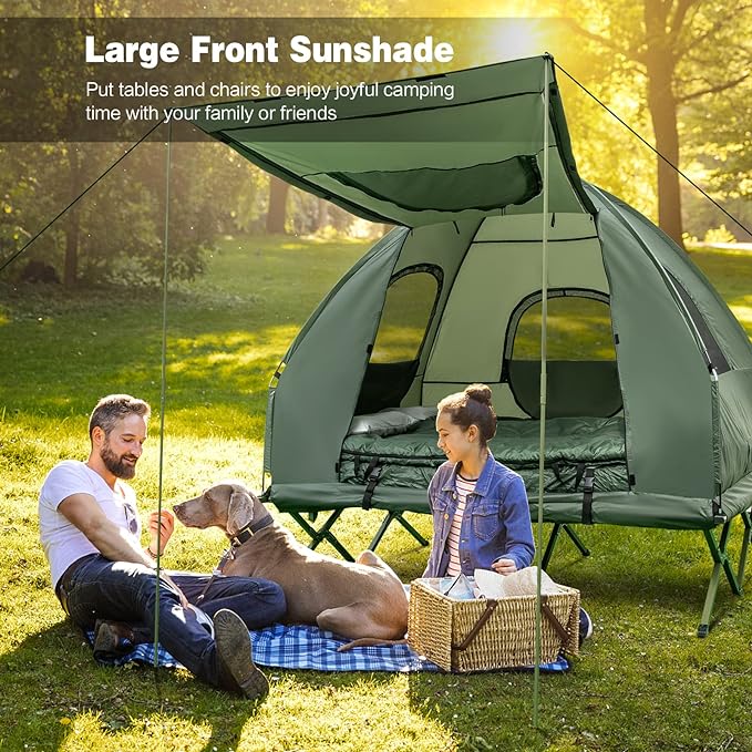 2-Person Tent Cot, Foldable Camping Tent w/Air Mattress & Sleeping Bag, Elevated Camping Tent w/Waterproof & UV-Resistant Dome Tent, Portable Camping Tent Cot forHiking, Camping & Picnic