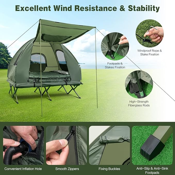 2-Person Tent Cot, Foldable Camping Tent w/Air Mattress & Sleeping Bag, Elevated Camping Tent w/Waterproof & UV-Resistant Dome Tent, Portable Camping Tent Cot forHiking, Camping & Picnic