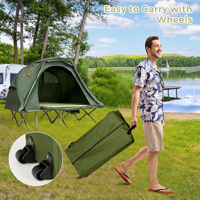 2-Person Tent Cot, 4-in-1 Folding Tent with Waterproof Rainfly, Self-Inflating Mattress & Roller Carrying Bag, Portable Off Ground Elevated Tent with Shoe Storage Pocket & Lamp Hook