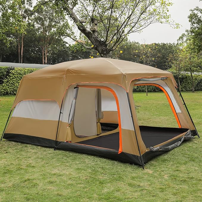 5-8 Person Tent for Camping Extra Large Portable Cabin Huge Tent, Waterproof Windproof 1 Living Room and 2 Bedroom 181''Length Tent with Carry Bag for Outdoor Picnic Family Gathering, Coffee